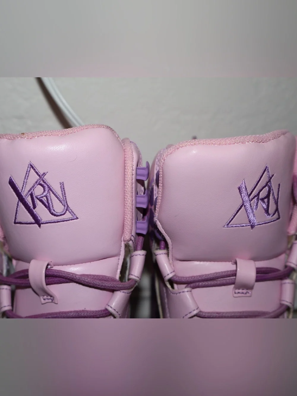 womens YRU pair of pink and purple checkered platform high-top sneakers Size 5